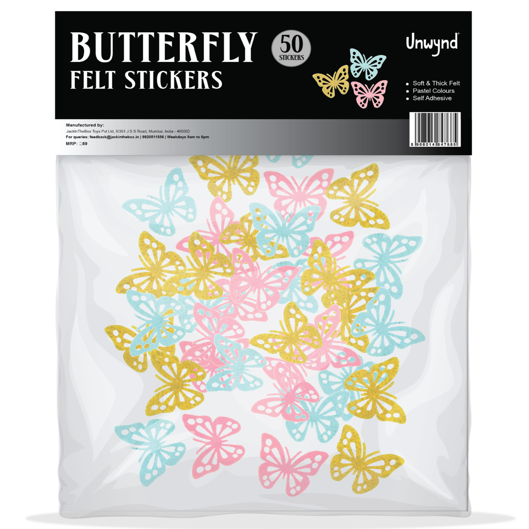 Unwynd Butterfly Felt Stickers - Pack of 50