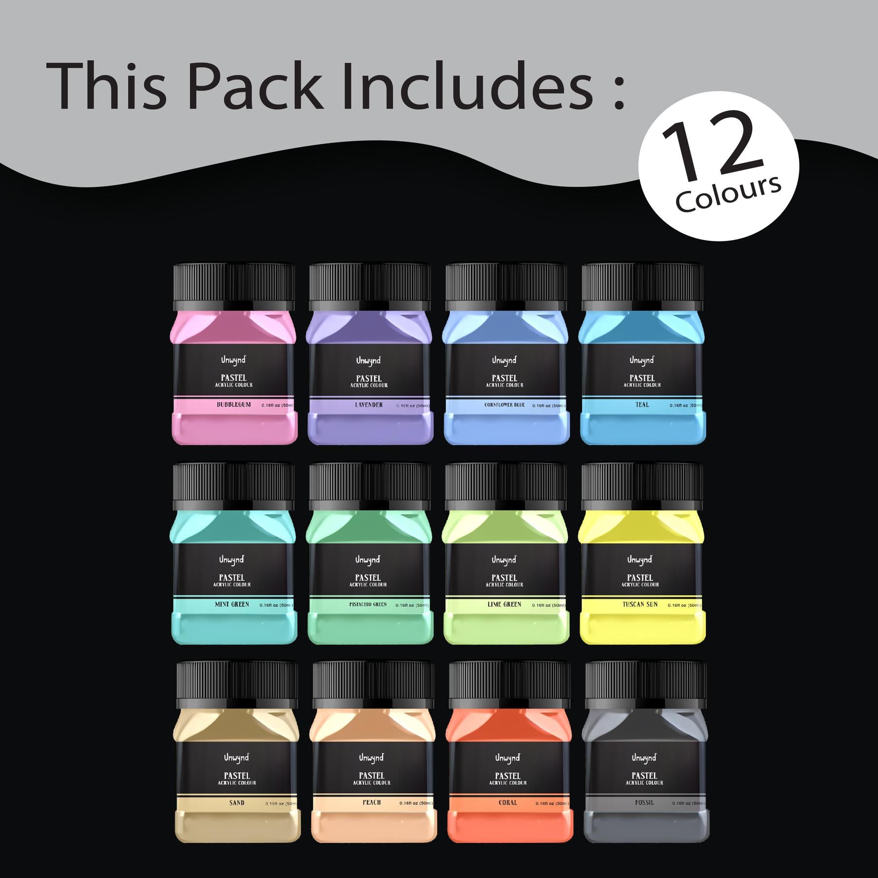 Unwynd Acrylic Colors Pastel - 12 colors x 50 ml