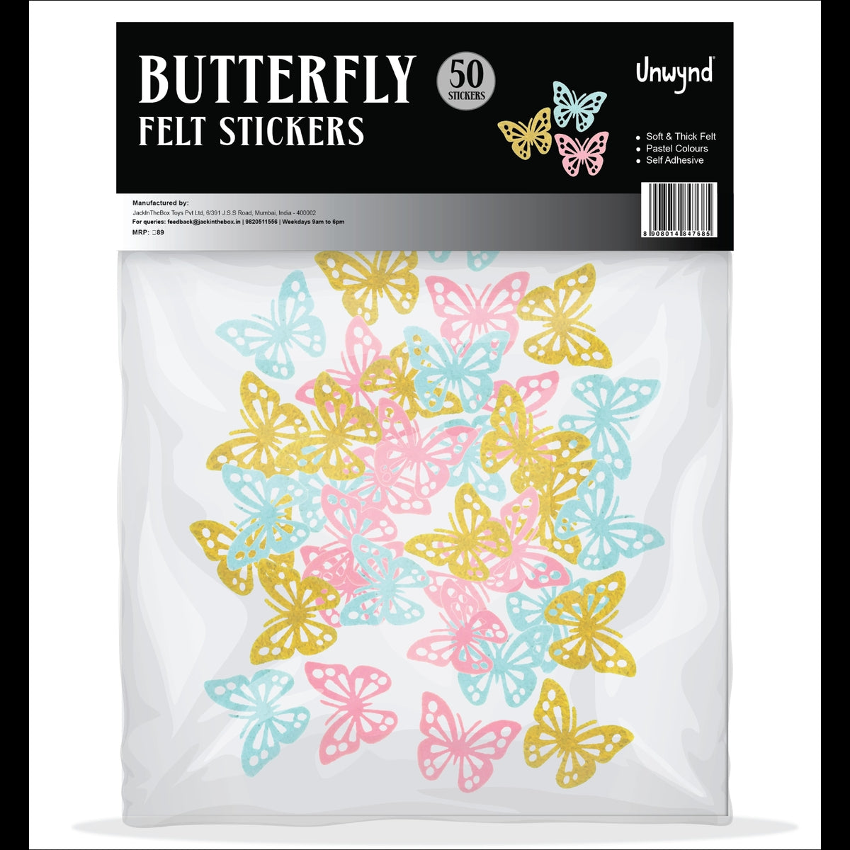 Unwynd Butterfly Felt Stickers - Pack of 50