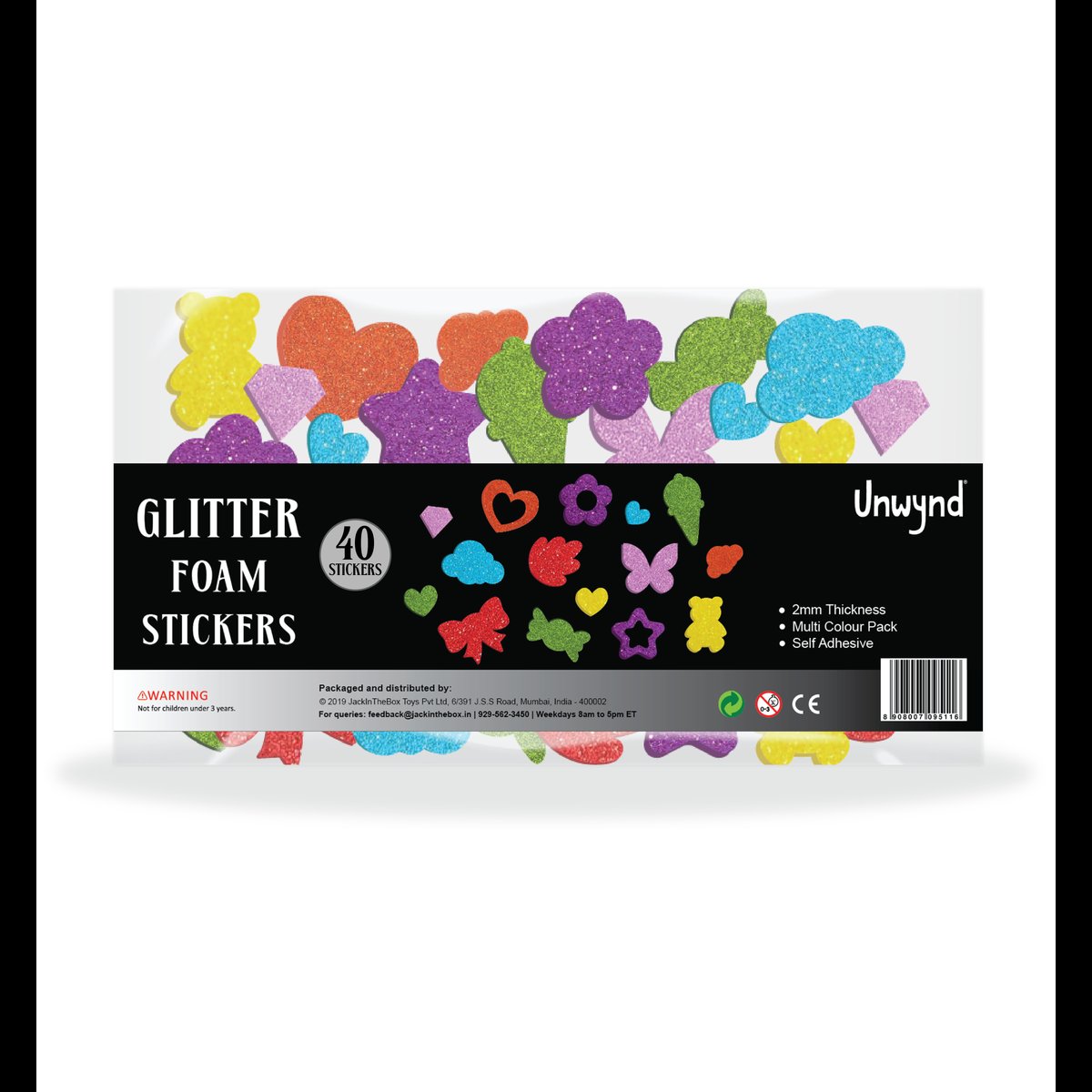 Unwynd Glitter Foam Stickers Multiple Shape - Pack of 40