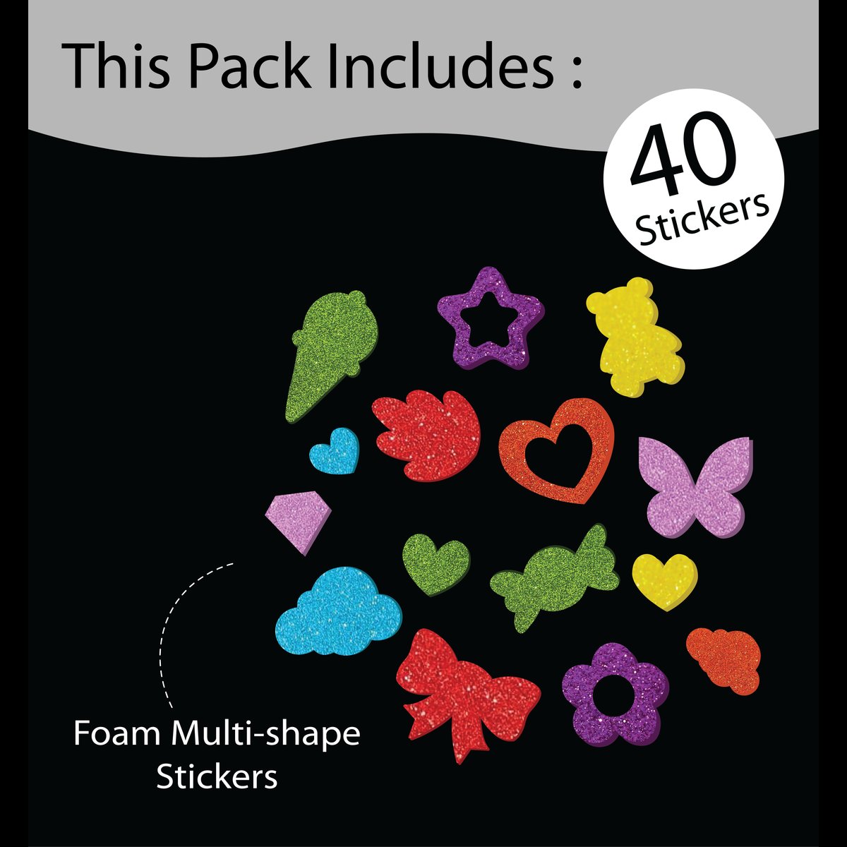 Unwynd Glitter Foam Stickers Multiple Shape - Pack of 40