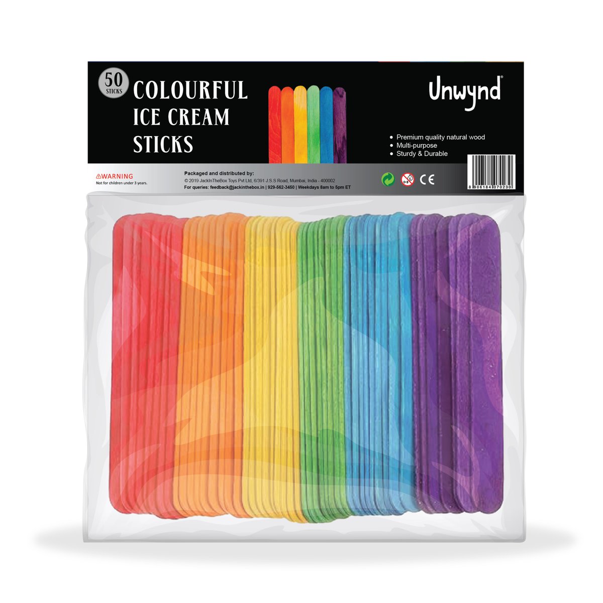 Unwynd Ice Cream Sticks Colourful - Pack of 50