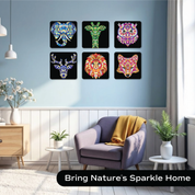 All 6 completed Unwynd Foil by Number Animals mandala boards as wall art – elephant giraffe owl deer lion fox metallic foil art home decor