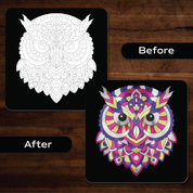 How Unwynd Foil by Number Animals works – peel numbered section, press metallic foil sheet, reveal shiny giraffe mandala art