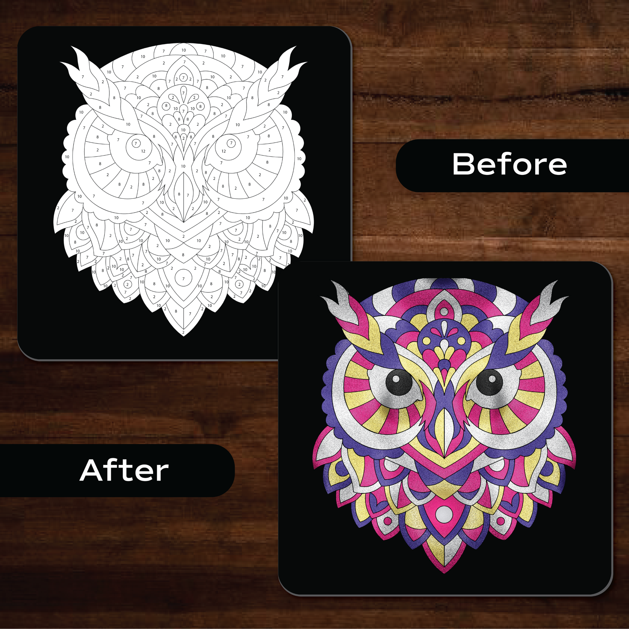 How Unwynd Foil by Number Animals works – peel numbered section, press metallic foil sheet, reveal shiny giraffe mandala art