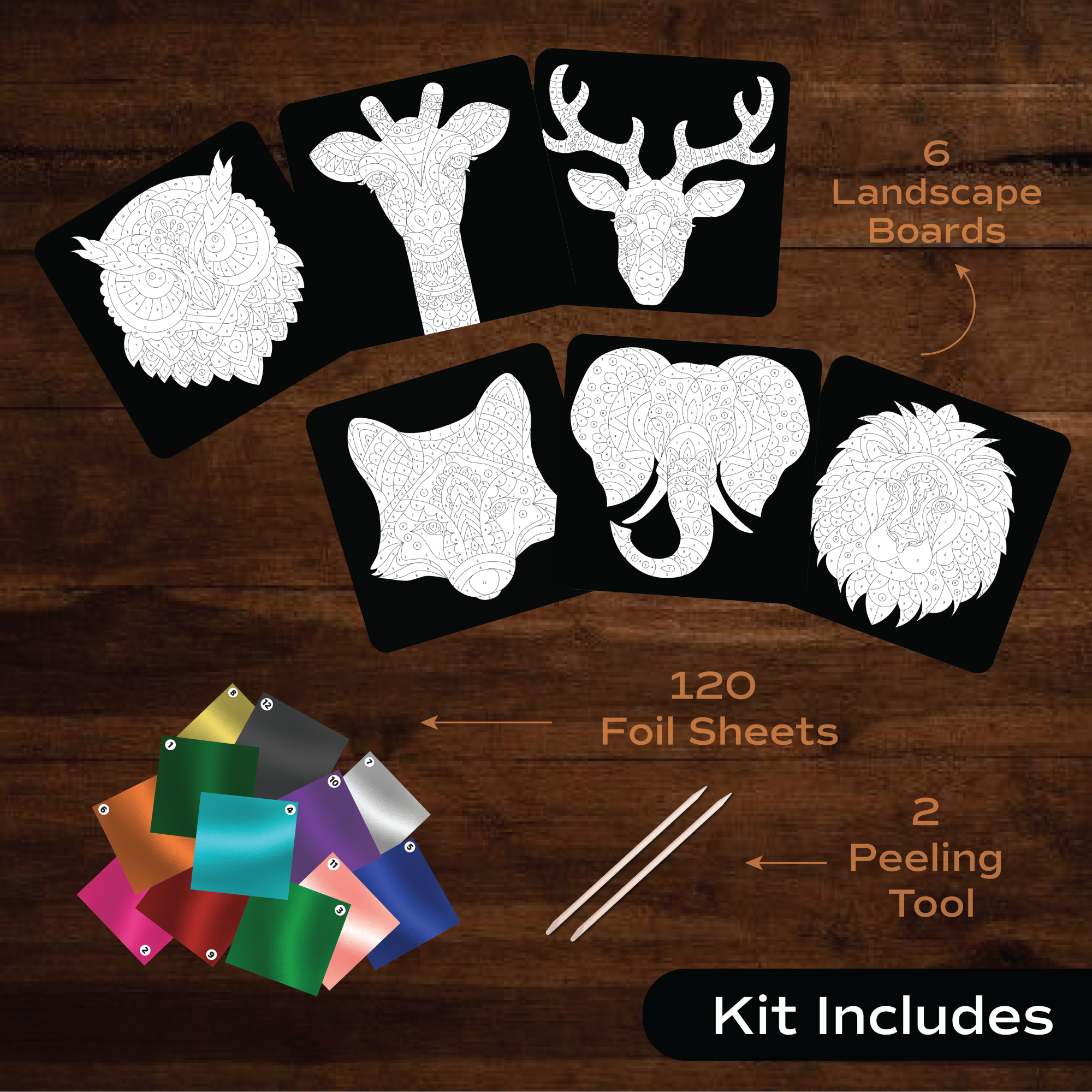 Unwynd Foil by Number Animals kit contents – 6 black mandala boards owl giraffe deer fox elephant lion, 120 foil sheets and 2 peeling tools
