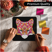 Unwynd Foil by Number Animals premium quality – completed fox mandala foil art on black board with metallic foil sheets pink silver gold orange