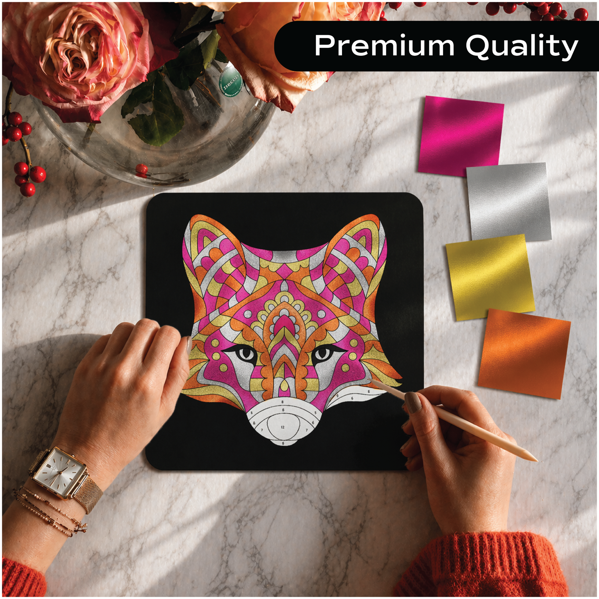 Unwynd Foil by Number Animals premium quality – completed fox mandala foil art on black board with metallic foil sheets pink silver gold orange