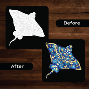 Before and after Unwynd Foil by Number manta ray mandala board – blank numbered design transformed into metallic blue gold foil art