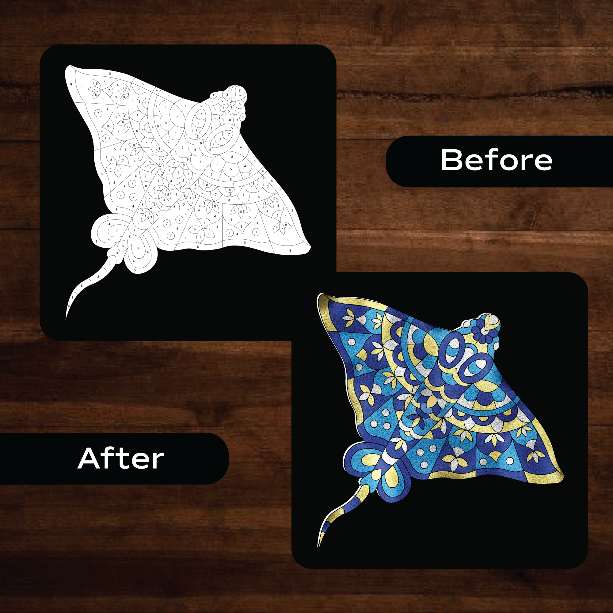 Before and after Unwynd Foil by Number manta ray mandala board – blank numbered design transformed into metallic blue gold foil art