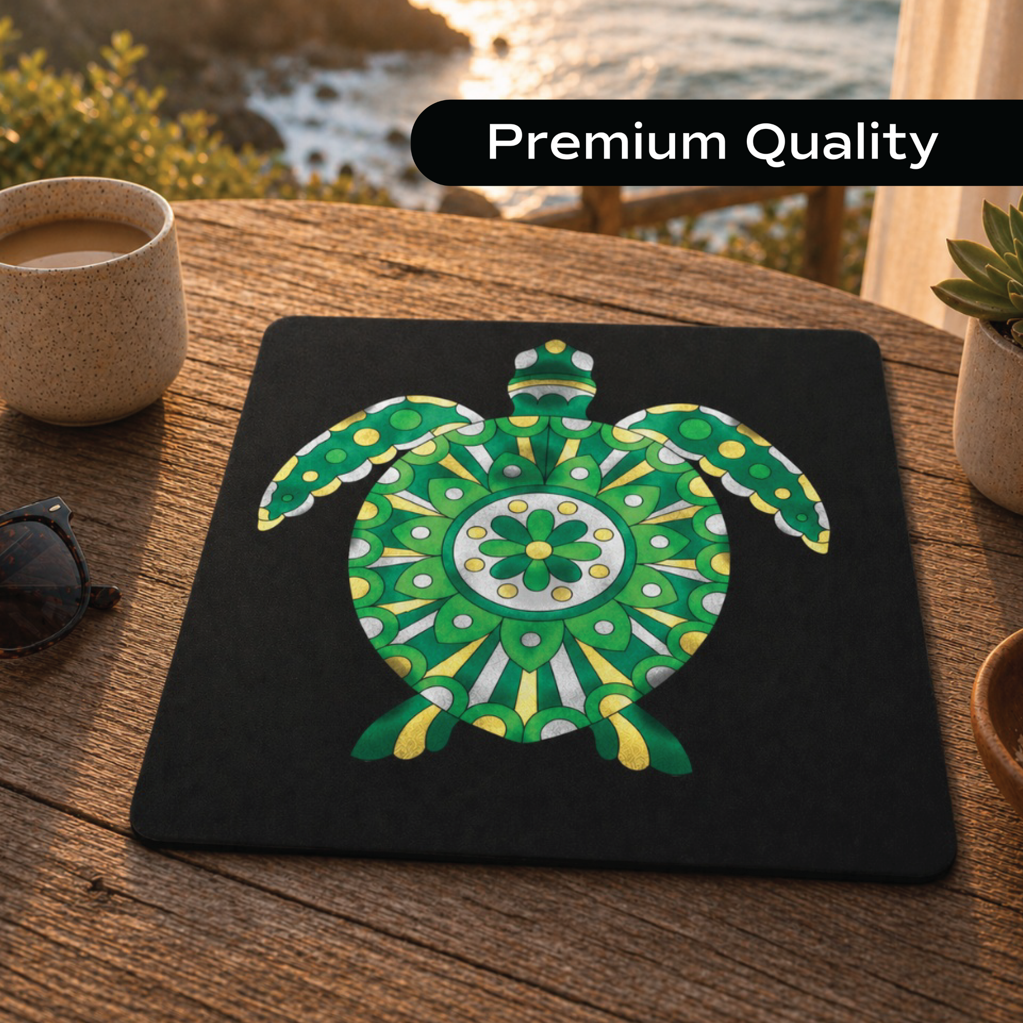 Completed Unwynd Foil by Number sea turtle mandala art on black board – premium quality metallic foil art kit for adults