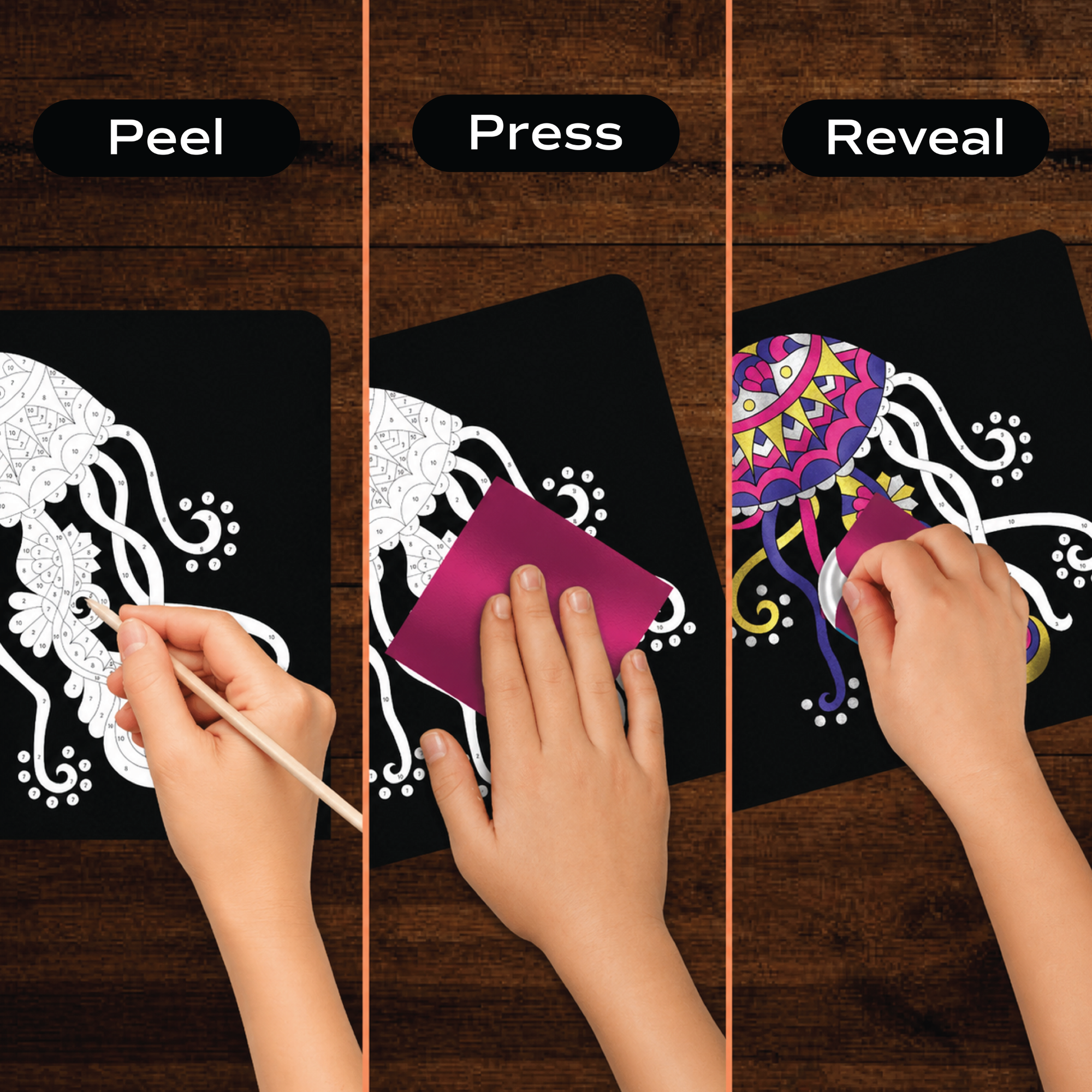 How Unwynd Foil by Number works – peel numbered foil sheet, press onto mandala board, reveal shiny metallic ocean art