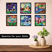 All 6 completed Unwynd Foil by Number Landscapes stained glass boards as framed wall art – cherry blossom starry village sailboat autumn windmill winter scene