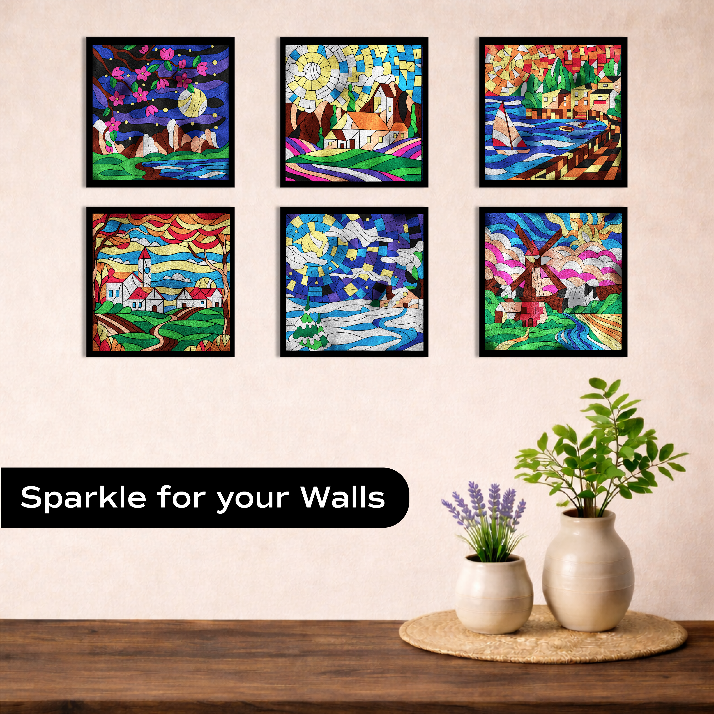 All 6 completed Unwynd Foil by Number Landscapes stained glass boards as framed wall art – cherry blossom starry village sailboat autumn windmill winter scene