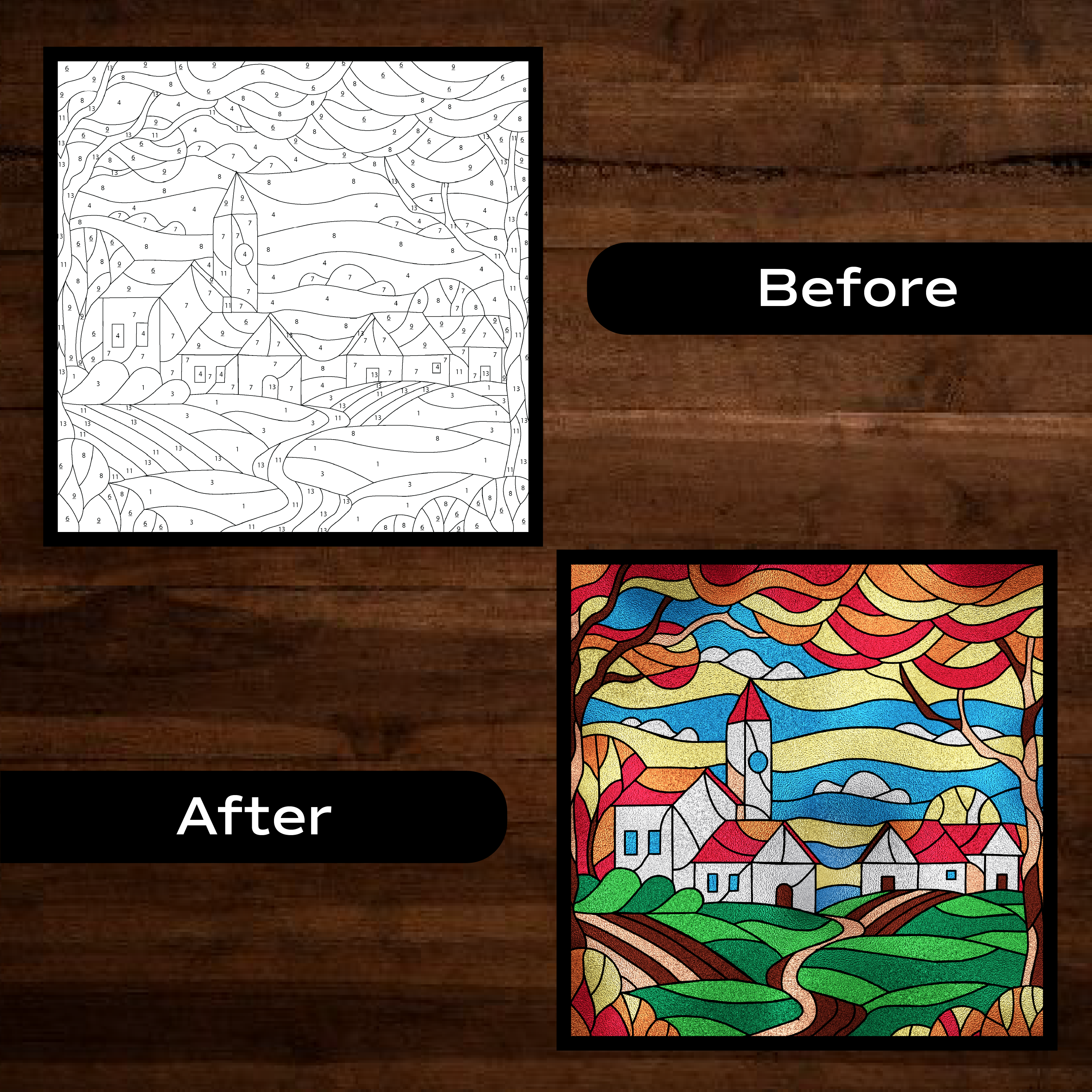 Before and after Unwynd Foil by Number Landscapes – blank numbered autumn church village board transformed into vibrant stained glass metallic foil art