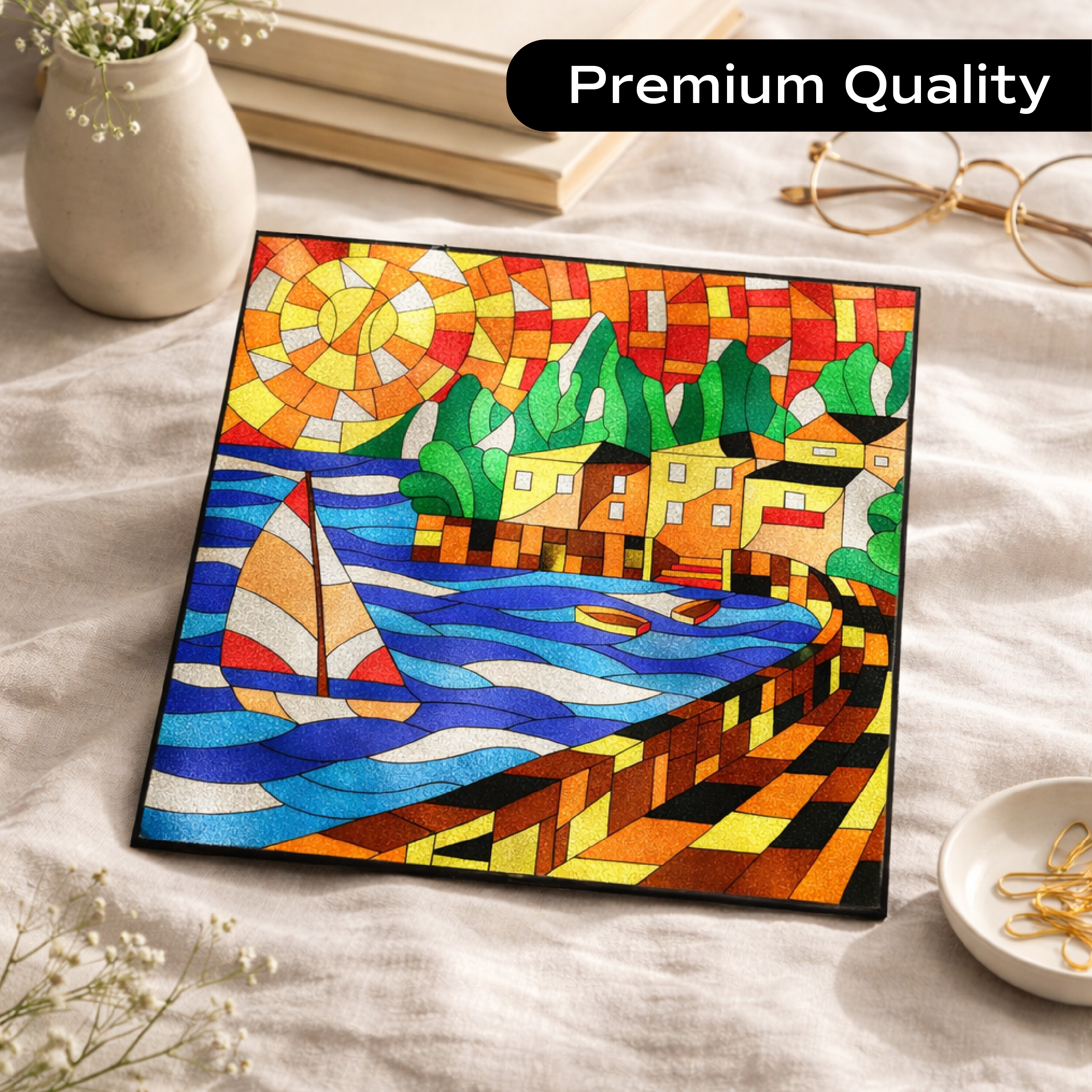 Unwynd Foil by Number Landscapes completed sailboat harbour stained glass foil art – premium quality metallic landscape art kit for adults