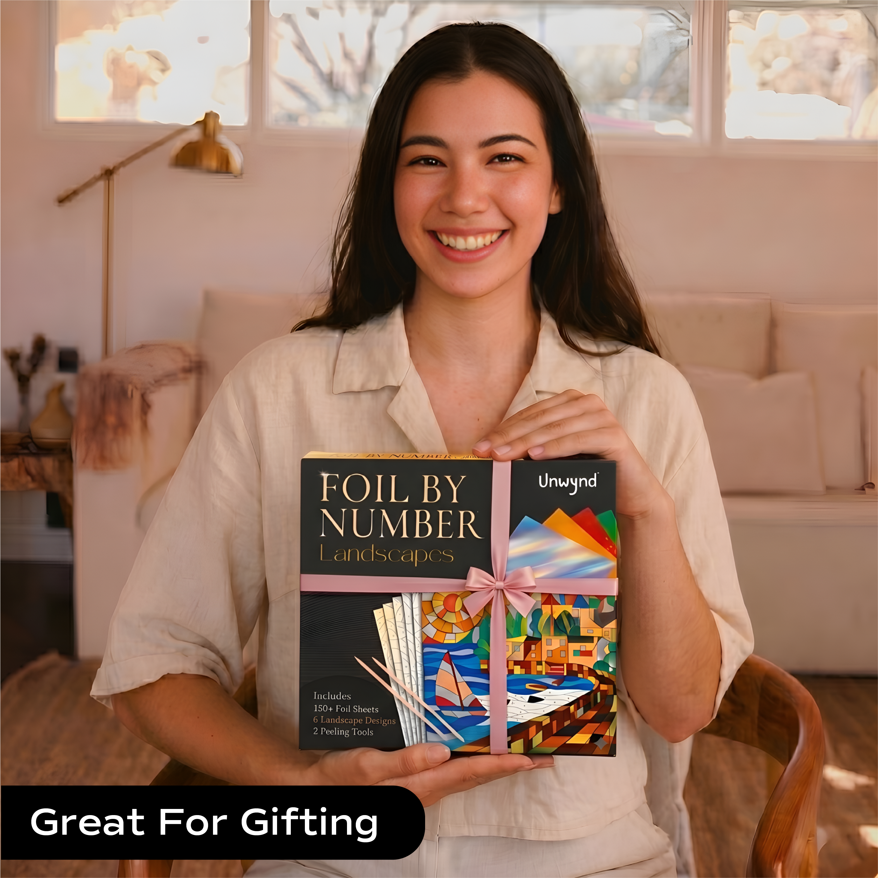 Unwynd Foil by Number Landscapes as a gift – premium landscape foil art kit for adults with sailboat harbour design in gift-ready box