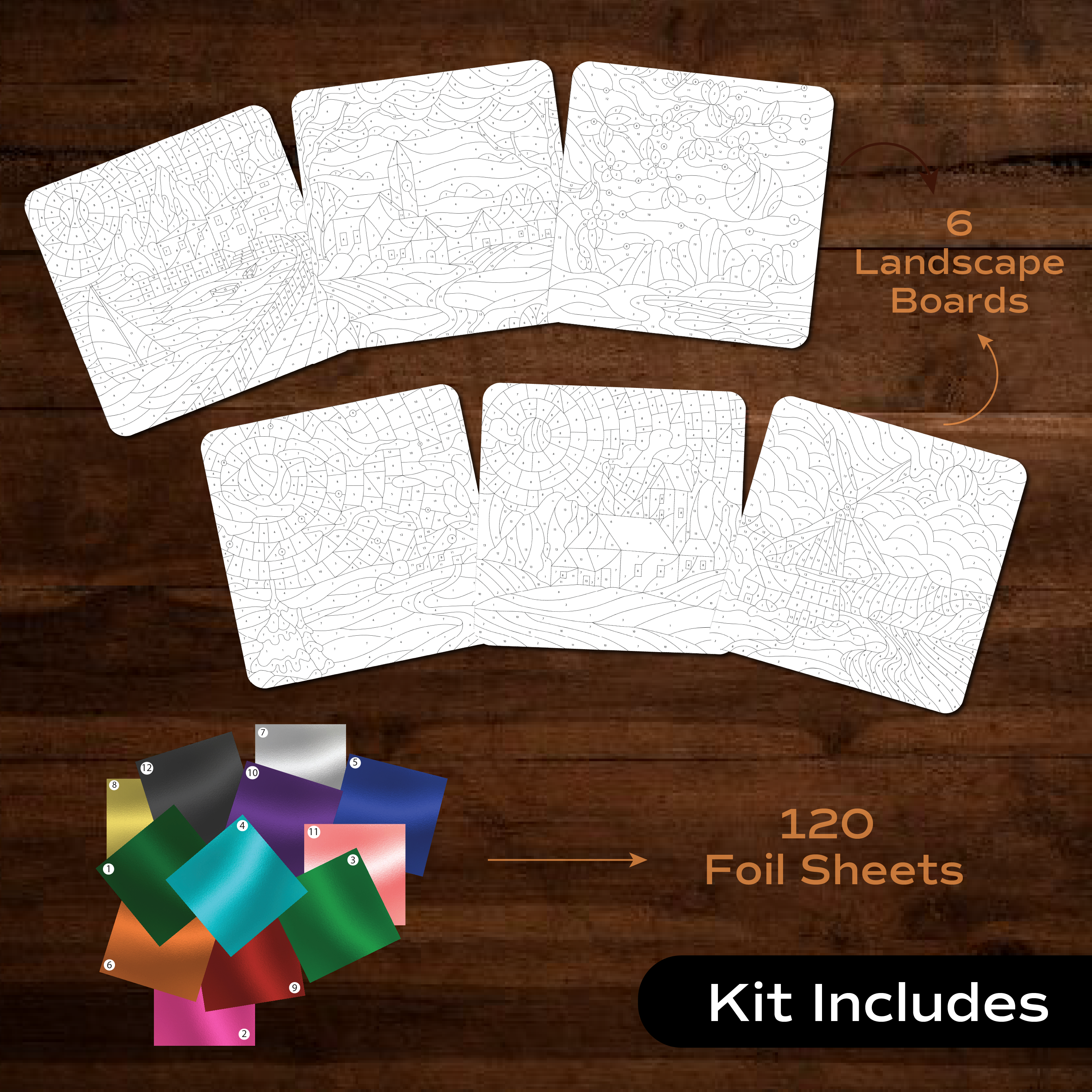 Unwynd Foil by Number Landscapes kit contents – 6 pre-printed landscape boards cherry blossom village windmill sailboat, 120 foil sheets and 2 peeling tools