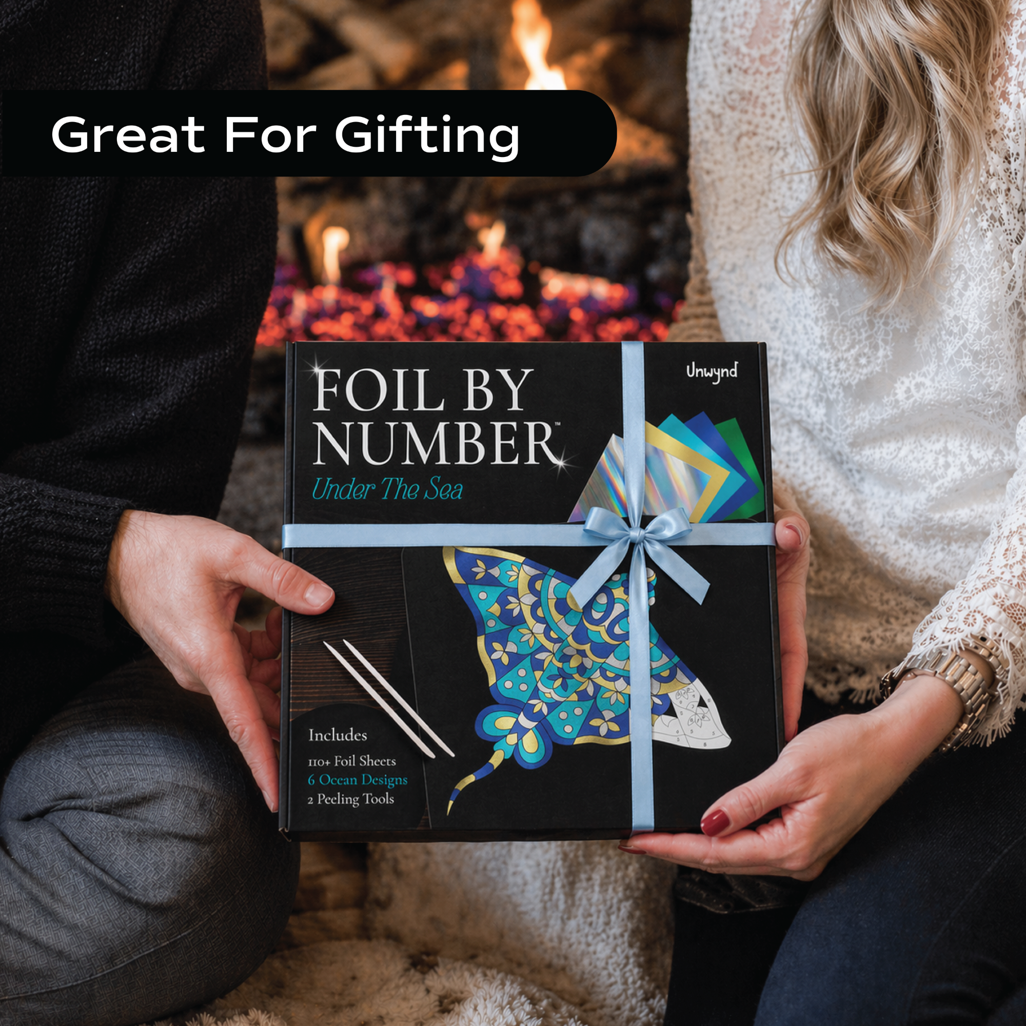Unwynd Foil by Number Under The Sea as a gift – premium foil art kit for adults with ocean mandala stingray design in gift-ready packaging