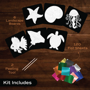 Unwynd Foil by Number Under The Sea kit contents – 6 black mandala boards starfish shell jellyfish fish manta ray turtle, 120 foil sheets and 2 peeling tools