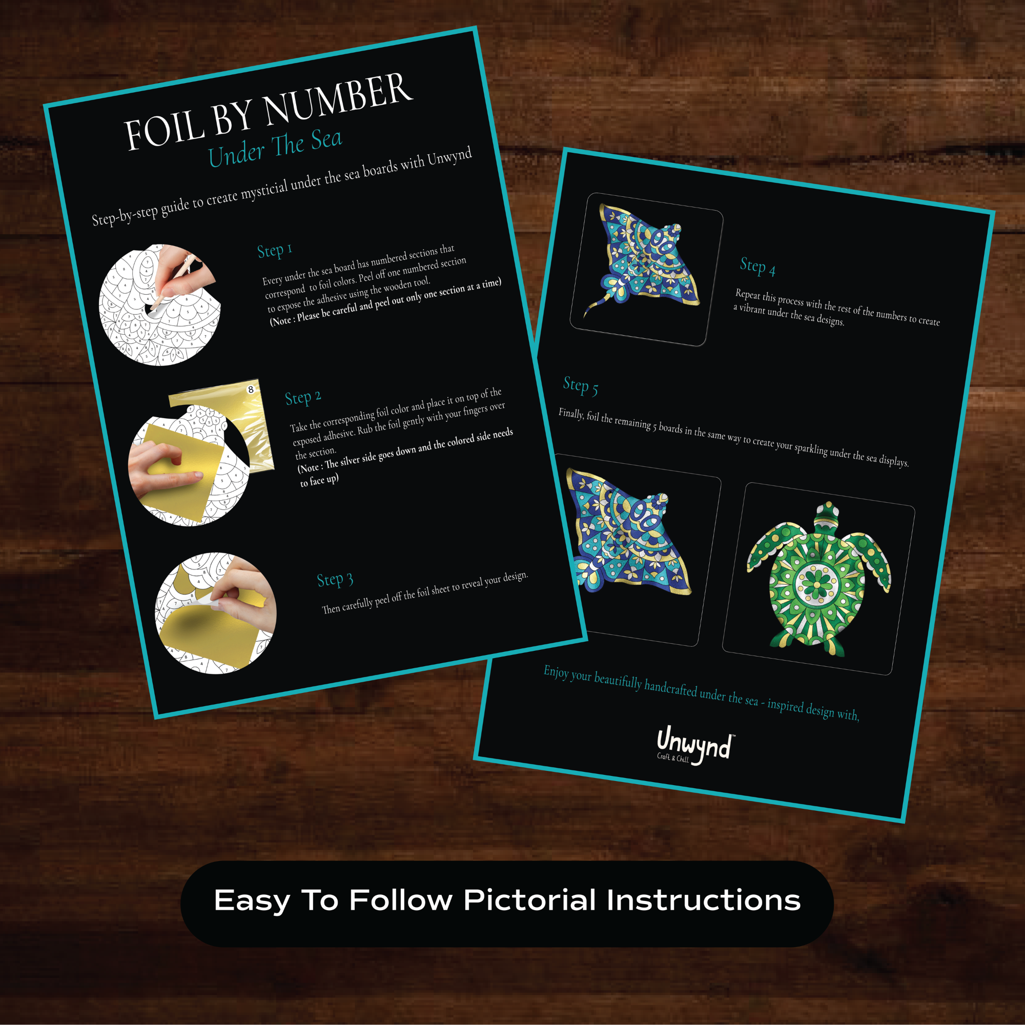 Unwynd Foil by Number Under The Sea easy pictorial instructions – 5 step guide to create metallic ocean mandala art with foil sheets