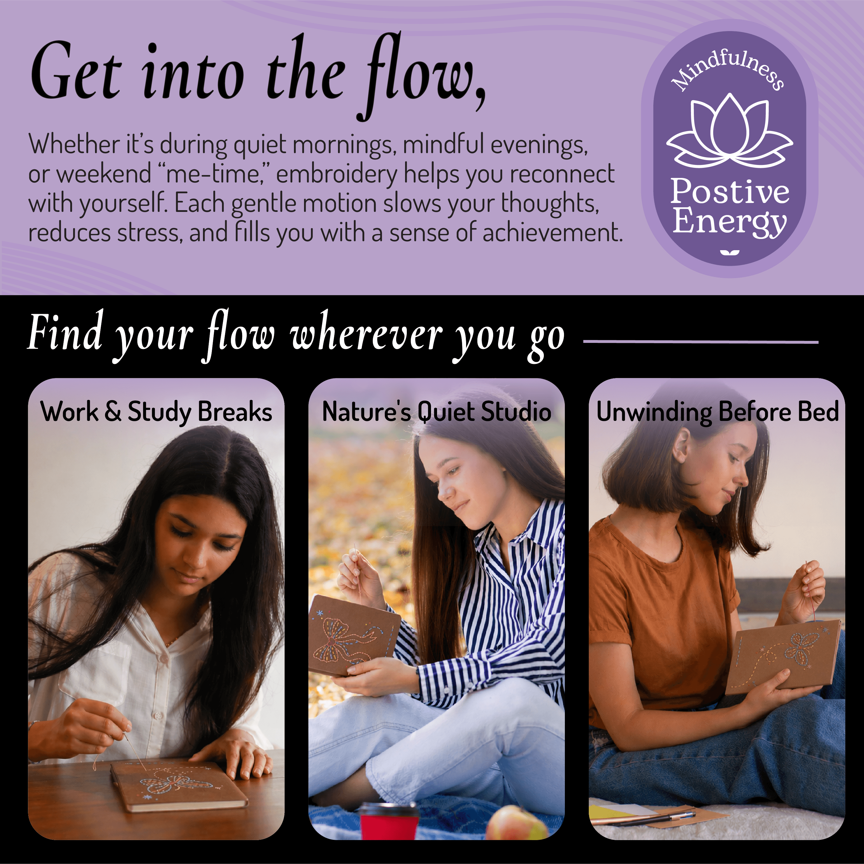 Unwynd Pretty Embroidery Notebook Kit – beginner embroidery kit for adults used during work breaks, outdoors and before bed as a mindful craft hobby