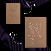 Before and after Unwynd Pretty Embroidery Notebook Kit – pre-printed bow pattern on kraft notebook transformed with pastel embroidery thread