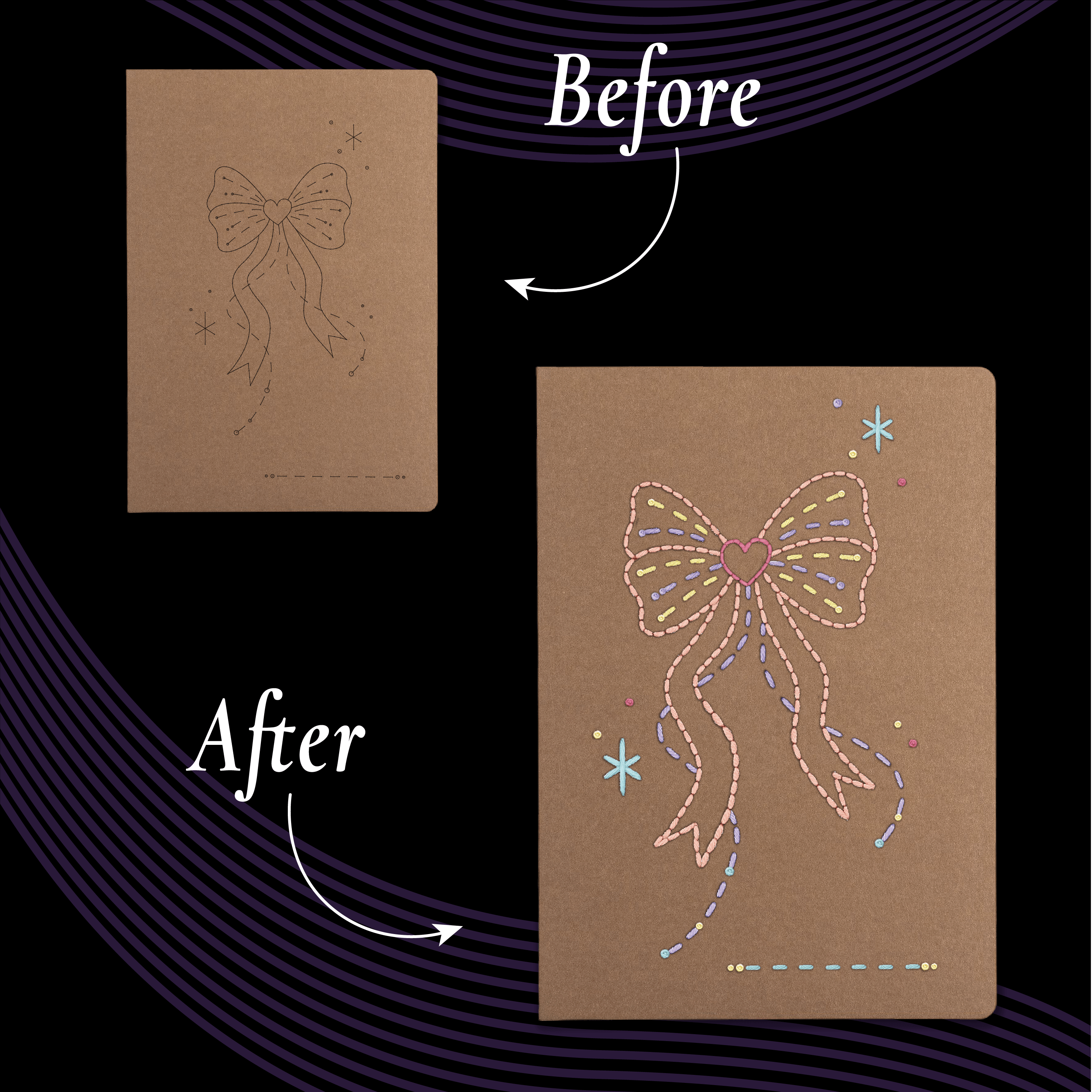 Before and after Unwynd Pretty Embroidery Notebook Kit – pre-printed bow pattern on kraft notebook transformed with pastel embroidery thread