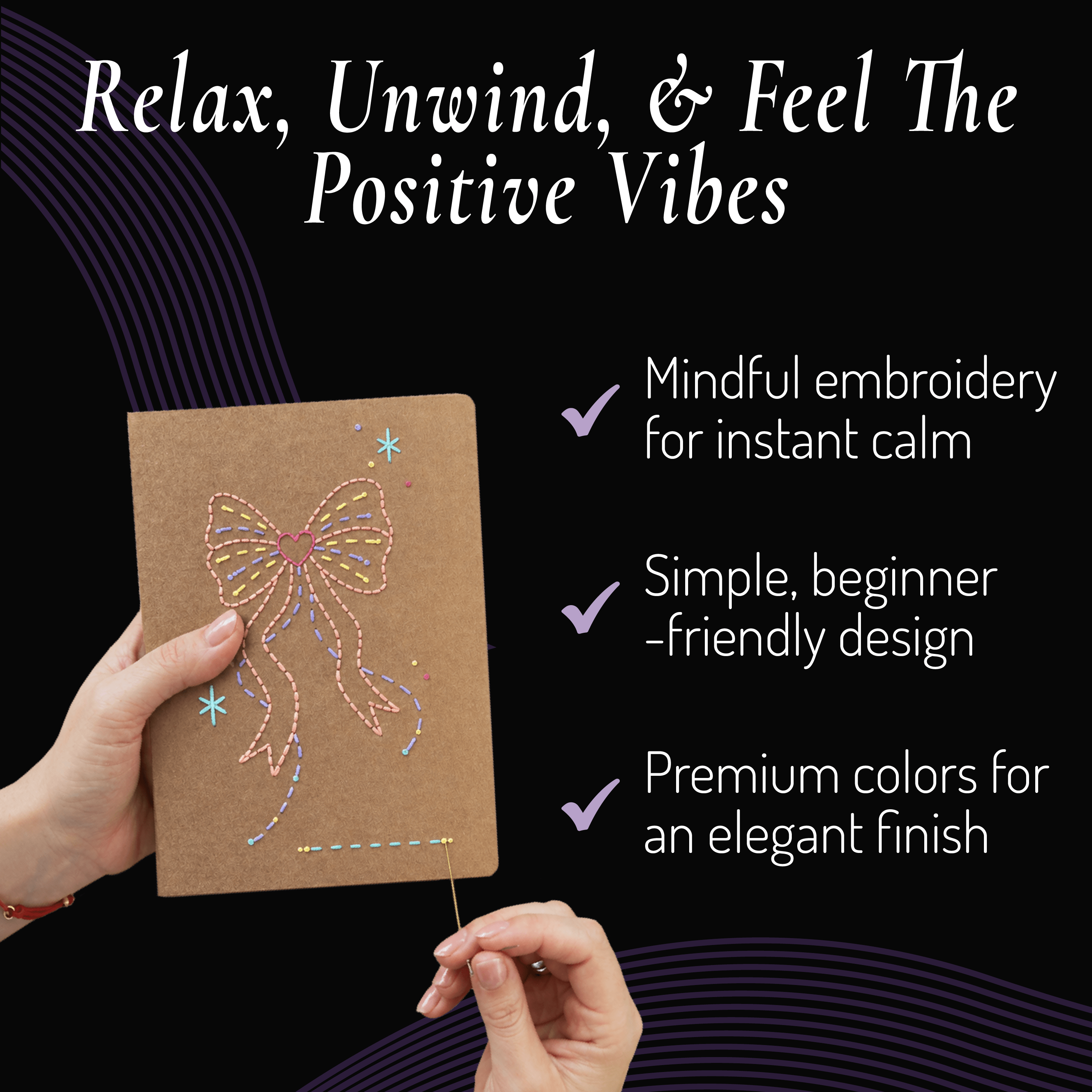 Unwynd beginner embroidery kit for adults – mindful embroidery for instant calm with simple beginner-friendly bow design on kraft notebook