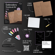 What's inside the Unwynd Pretty Embroidery Notebook Kit – 2 pre-printed notebooks, 5 pastel floss colors, needles, foam board and stitch guide