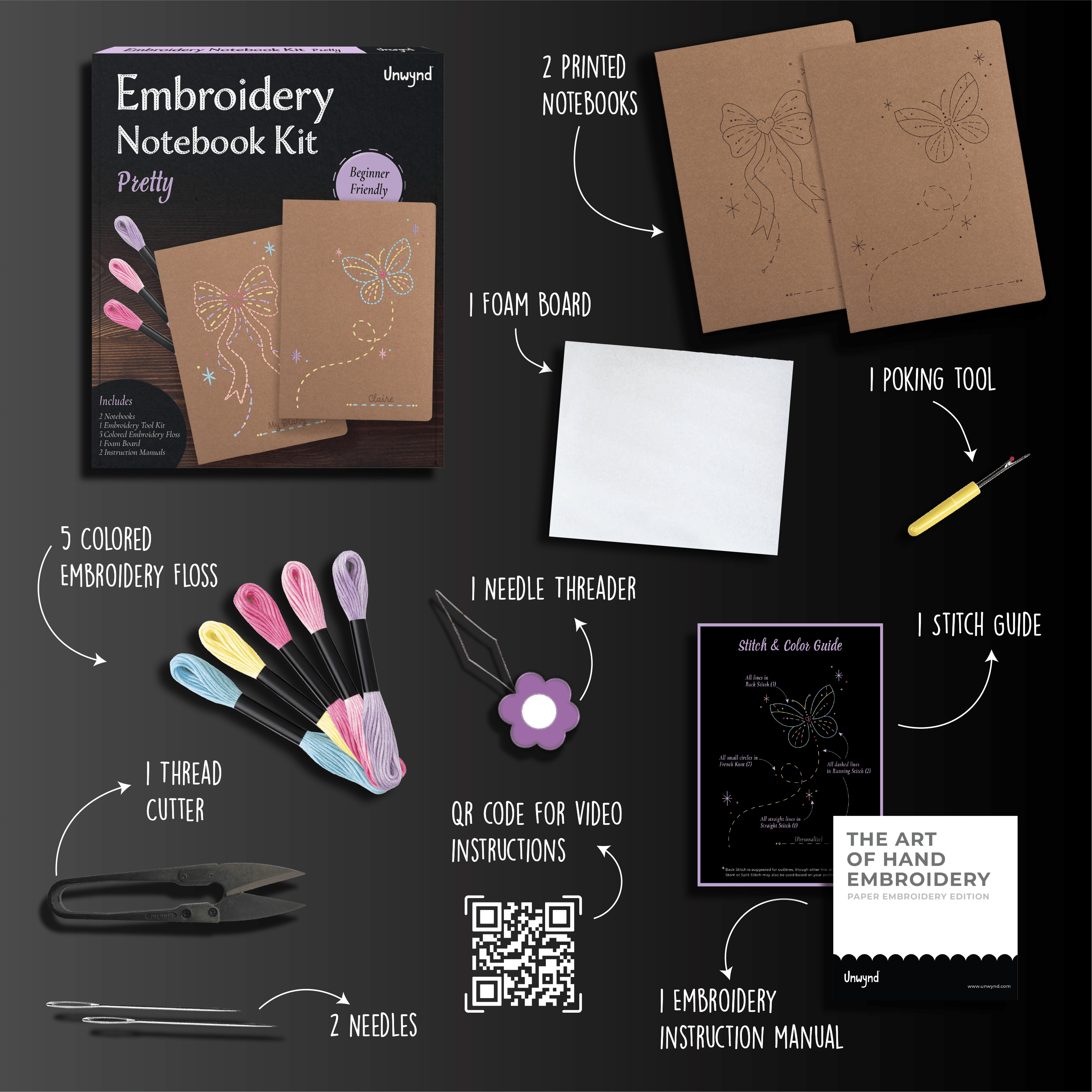 What's inside the Unwynd Pretty Embroidery Notebook Kit – 2 pre-printed notebooks, 5 pastel floss colors, needles, foam board and stitch guide