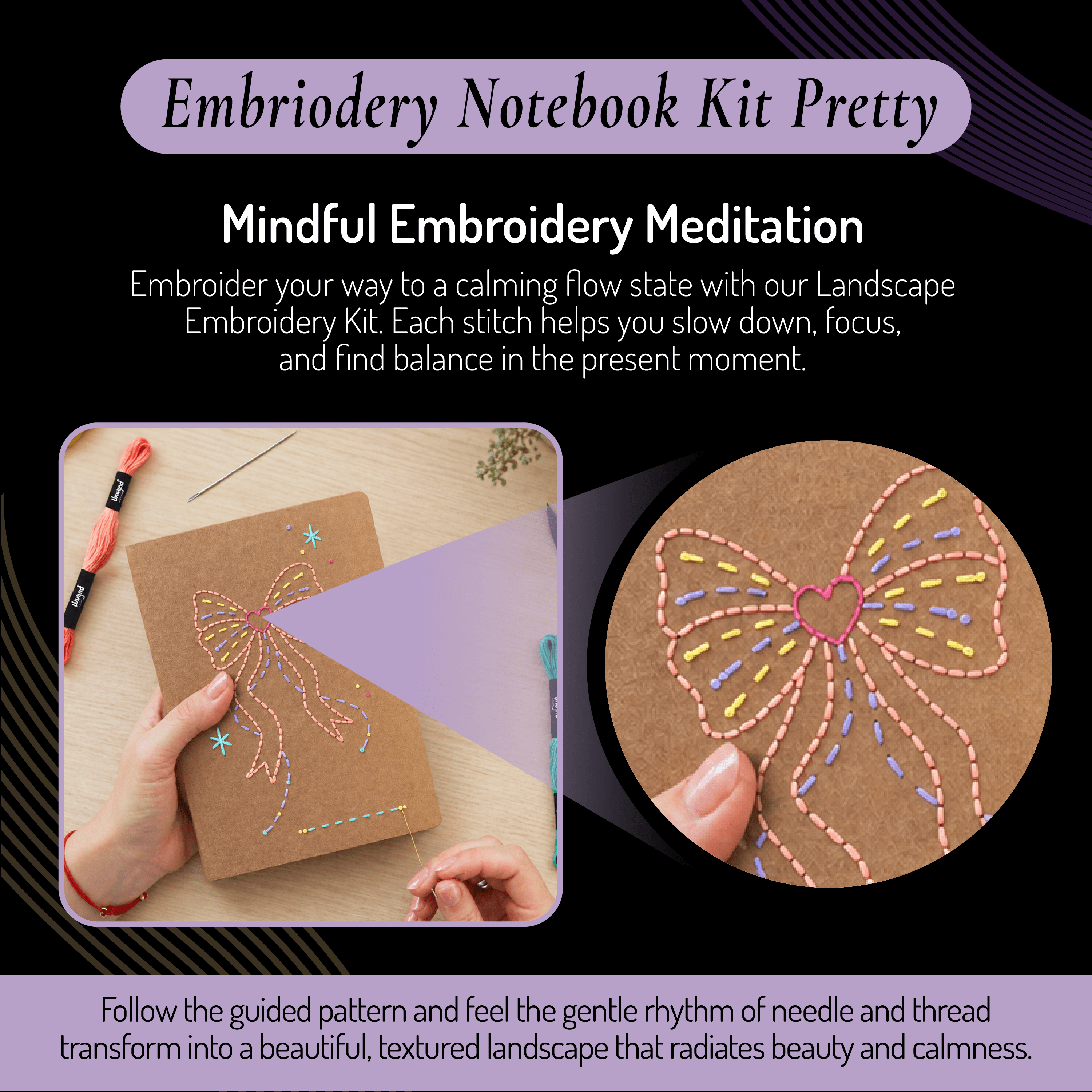 Unwynd Pretty Embroidery Notebook Kit – mindful paper embroidery kit for adults showing pastel bow design stitched on kraft notebook